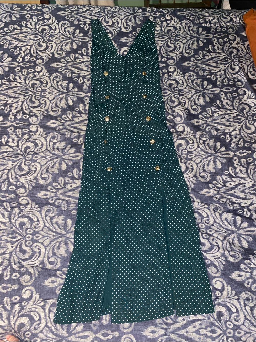 Blondie and Me dark green dress Polka dots and gold buttons
